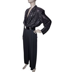 Vintage 80s Black High Shoulder Draped Deep V-Neck Sparkly Sequined Jumpsuit